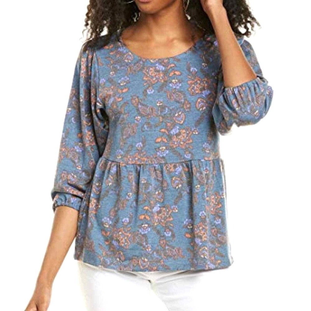 Bobeau Women's 3/4 Balloon Sleeve Babydoll Peplum Top in Teal Terracotta Size 1X